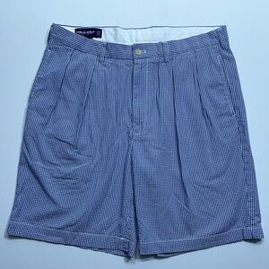 Polo Golf Fairway Shorts Mens 36 Blue Check Seersucker Pleated Ralph Lauren